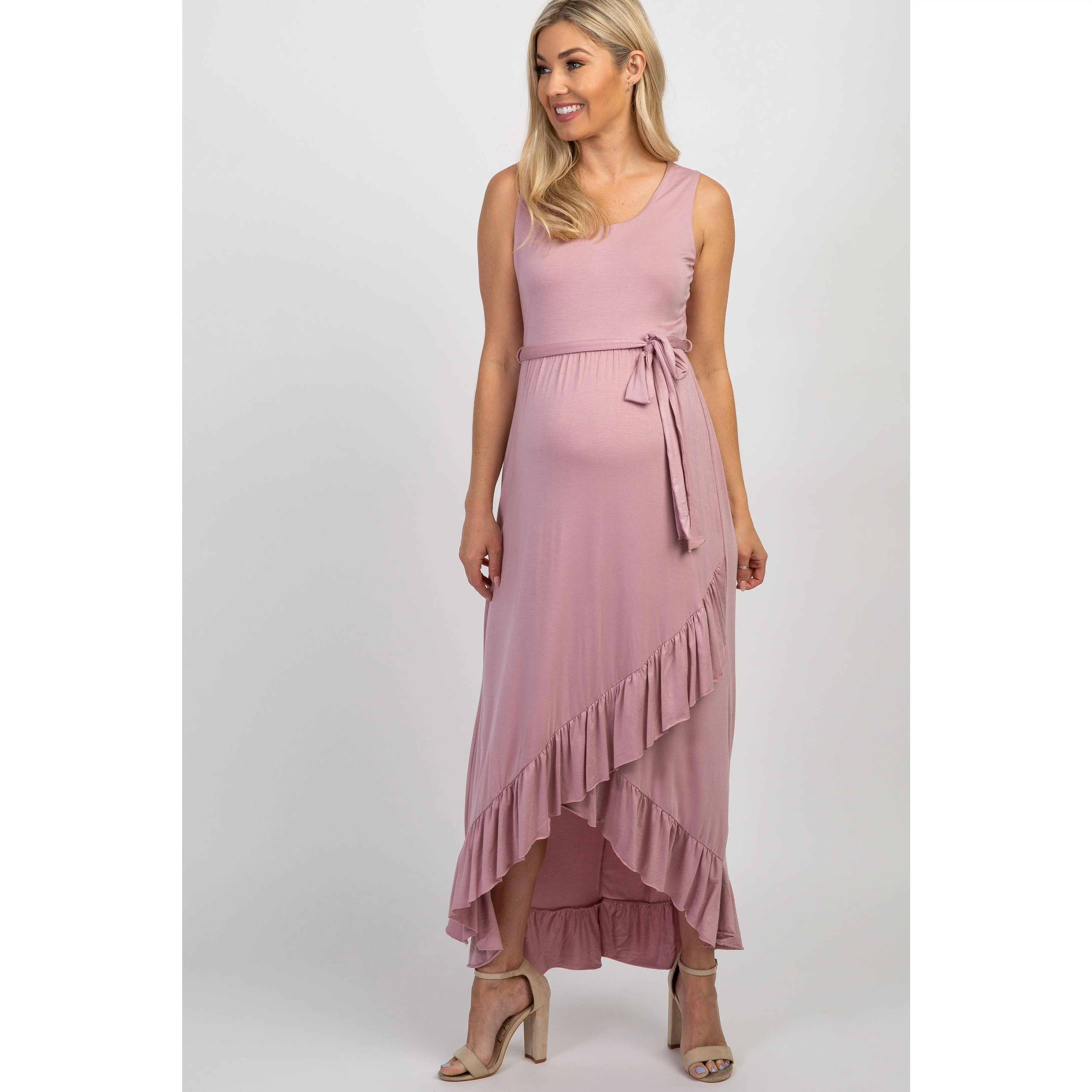 PinkBlush Mauve Sleeveless Hi-Low Ruffle Trim Maternity Maxi Dress, Maternity Outfits