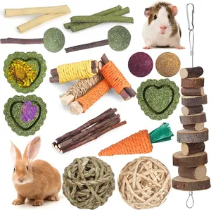 26Pcs Rabbit Chew Toys, Bunny Treats and Ball Timothy Hay Stick Toys for Rabbit Bunny Guinea Pig Chinchilla Hamster Teeth Care Natural Timothy Hay Rabbit Chews