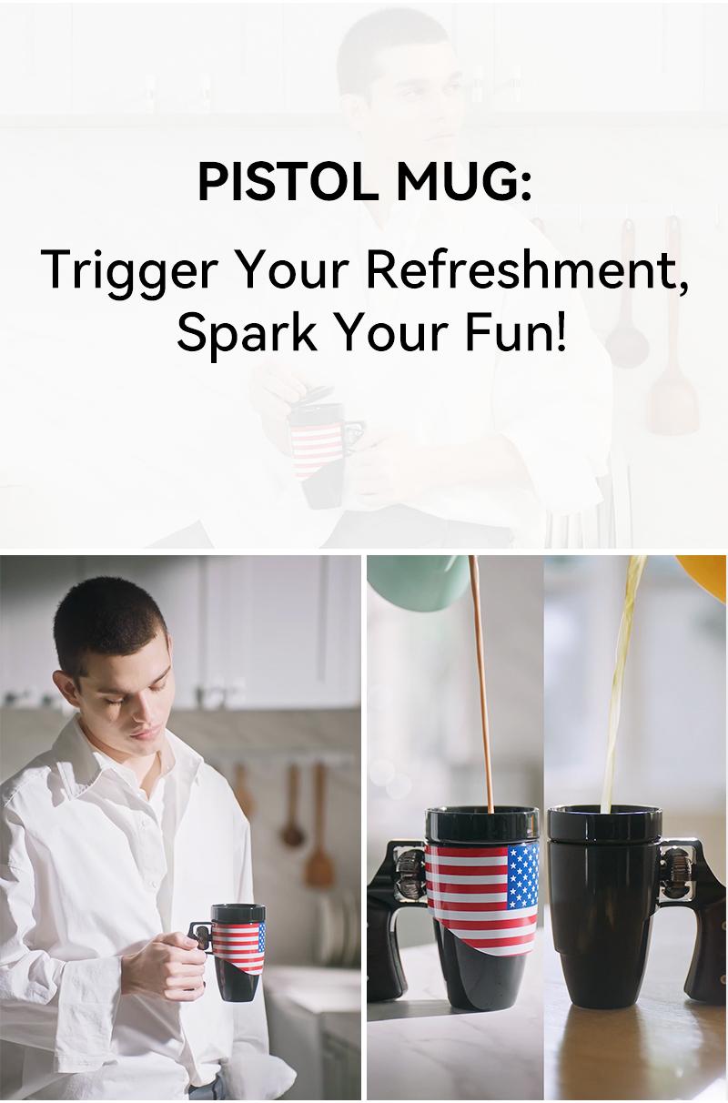 Pukomc   Black Cool Revolver Ceramic Mug with Wooden Handle - 16 oz Flag Design, Reusable Coffee, Tea & Water Cup, Washable Tumbler Ergonomic