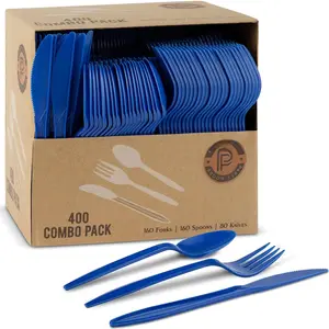400 Pack Disposable Chanuka Plastic Utensils Assorted Colored Blue Cutlery Combo Set with Forks Spoons Silverware for Parties