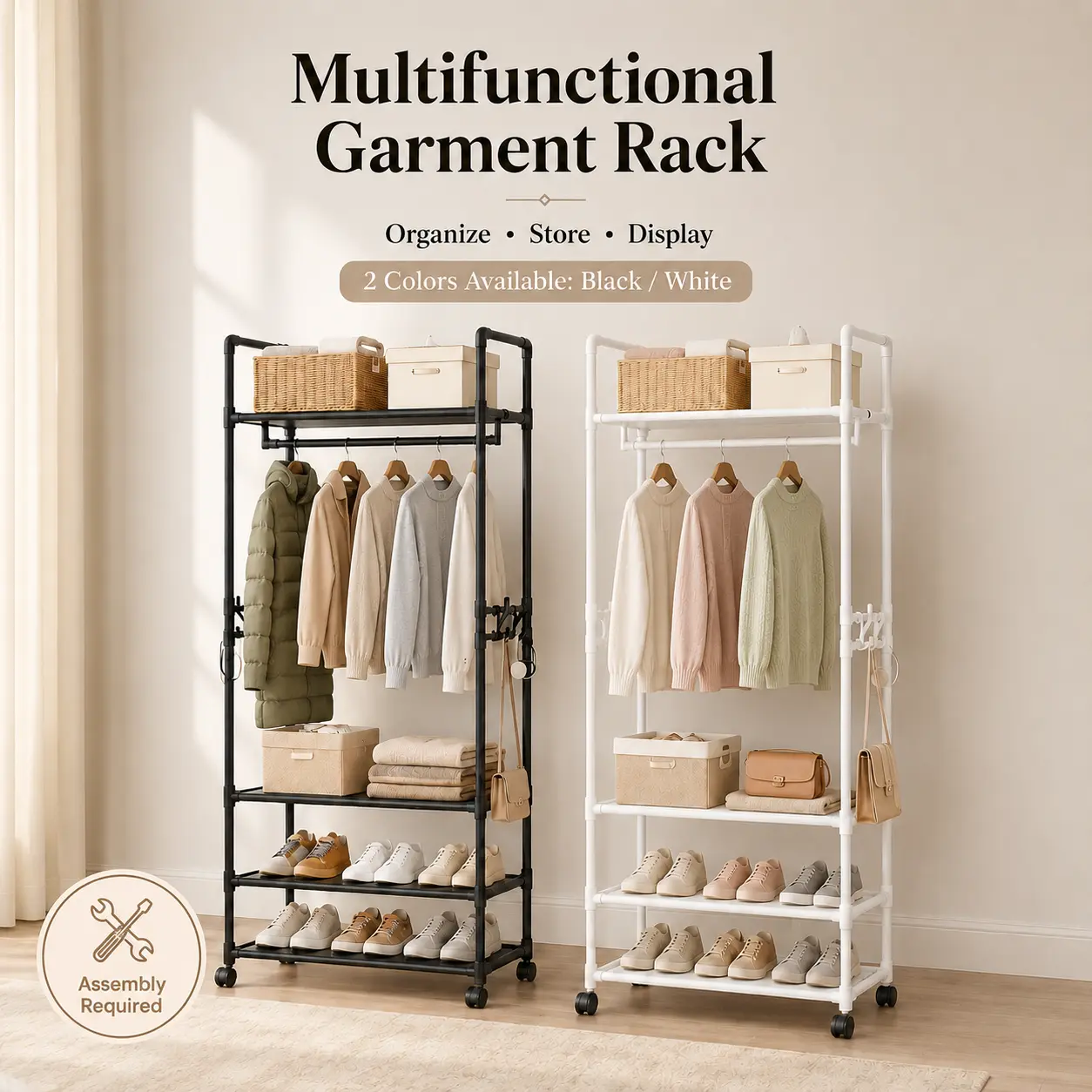 3-Tier Rolling Clothes Rack with Hanging Bar, Storage Shelves and Side Hooks