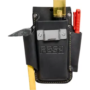 FESA Small Leather Tool Pouch Heavy Top Grain with Steel Tape Measure Clip 3 Pockets & Reinforced Rivets Fits Belts up to 3" Handcrafted Quality