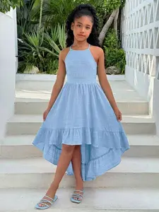 Tween Girl Vacation Halter Dress, Curved Waist, Kids Summer Style