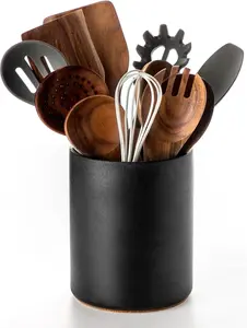 Utensil Holder, 6.4" Ceramic Kitchen Utensil Holder with Countertop-Protection Cork Bottom,  Kitchen Decor for Counter, Christmas Gift (Stone Black)