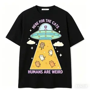 100% Premium Cotton graphic tees Men's Round Neck Short-Sleeve Casual Stylish Trendy T-Shirt, Funny Vintage Cartoon Alien UFO Graphic, Retro Pastel Design, "Here for the Cats Humans Are Weird" Cat Lover Unisex Gift Top