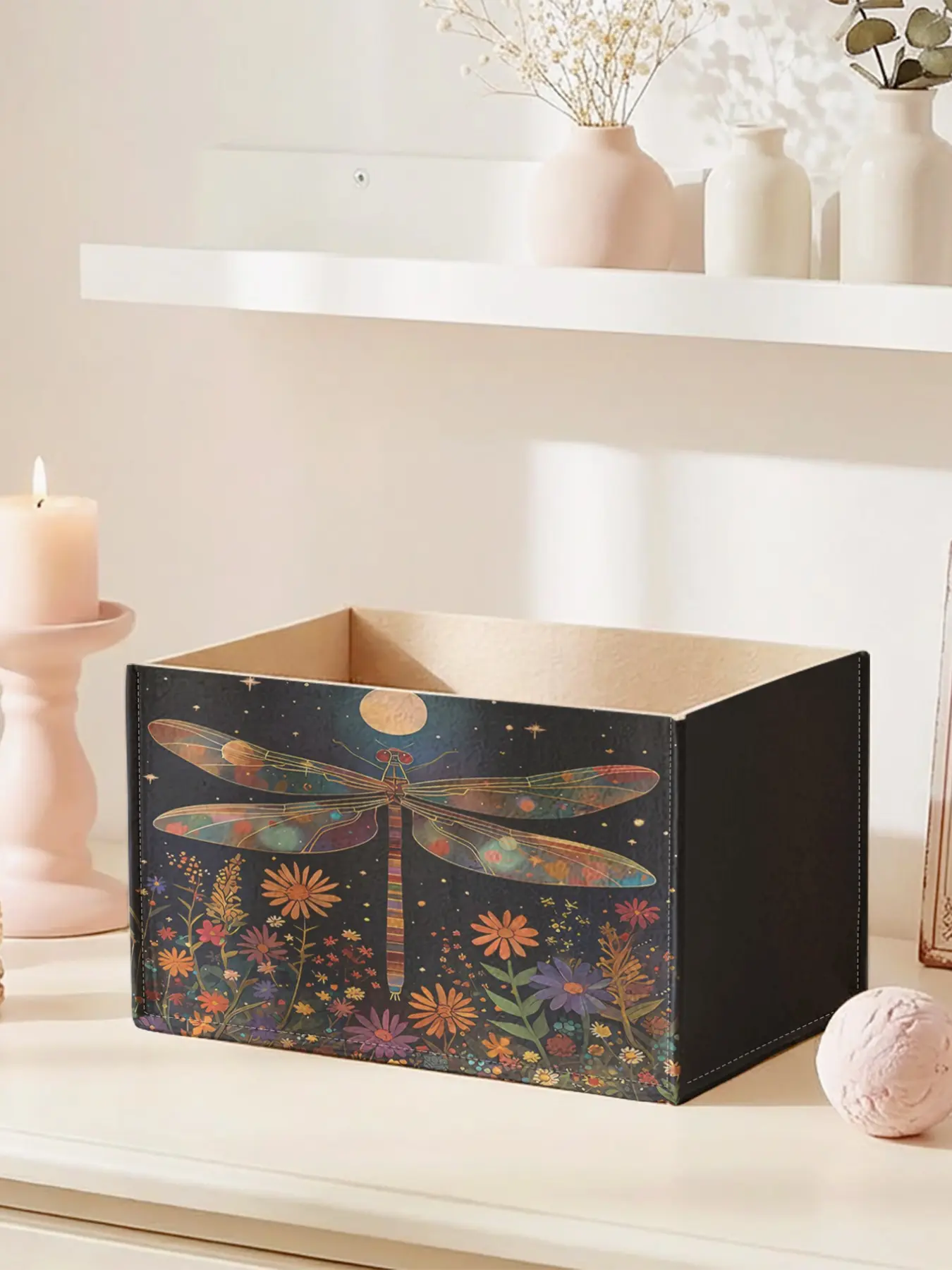 Open Storage Box with Dragonfly Pattern, 2D Printed Desktop Organizer, Custom Design for Office Supplies, Cosmetics, and More