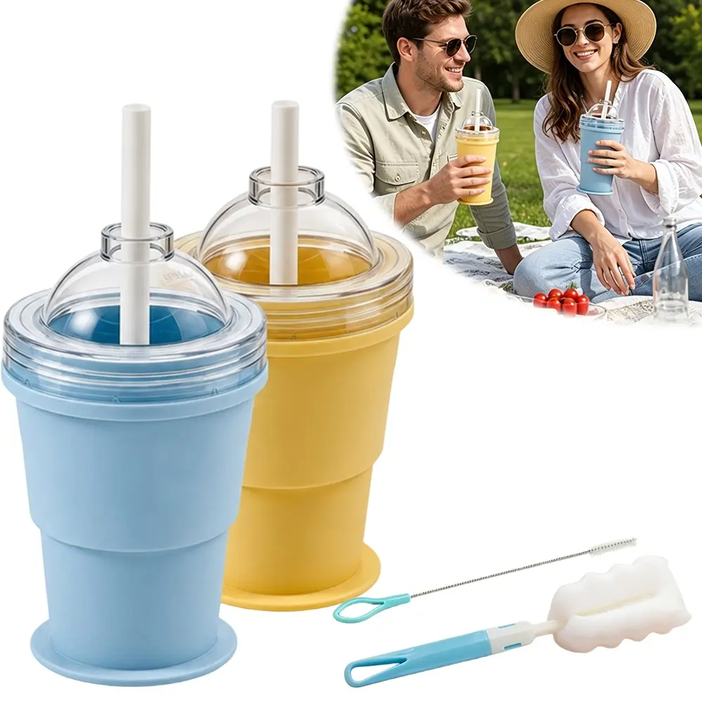 Unisex Adult 2-Piece Foldable Silicone 2-in-1 Ice Hockey Tumbler & Cup Set - Reusable, Washable Water Container with Lid, Straw, Cleaning Brush, Lightweight, Leak-Proof, Portable for Hiking, Outdoor Use, Foldable Cups