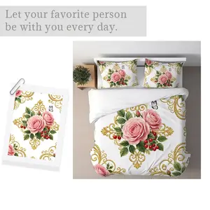Vintage Floral Bedding Set, Multiple Specifications Available, Mixed Color Pattern, Soft Fabric, Elegant Baroque Design with Pink Roses & Butterflies, Ideal for Bedroom Decor