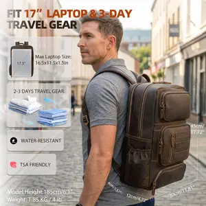 Click to see full view Full Grain Leather Backpack for Men, 17” Laptop Shoulder Bag, Large Capacity Travel Business Rucksack with YKK Zippers, Ergonomics S-Shape Padded Straps, Multi Pockets, Water Bottle Pocket, Brown