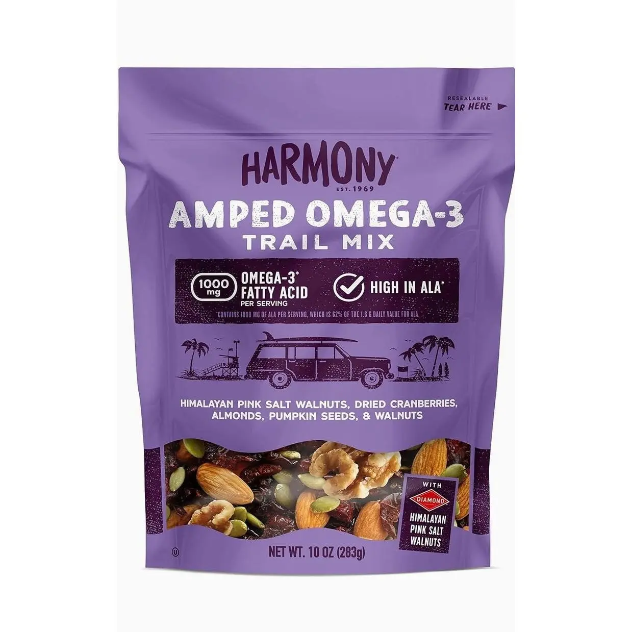 Diamond of California Harmony Amped Omega-3 Trail Mix with Mixed Nuts, Dried Fruit, Diamond of California Himalayan Pink Salt Walnuts, and Seeds, 10 oz, 1 Unit
