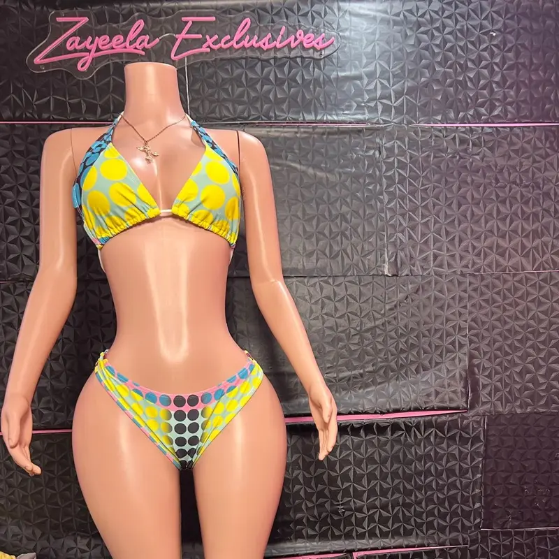 Zayeela Exclusives Vibrant Yellow Polka Dot Bikini Set - Halter Top & High-Waisted Bottoms for Women
