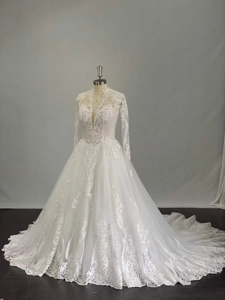 Women's A-Line Wedding Dress in Beaded Lace and Tulle with Plunging V-Neck, Long Sleeves, and Cathedral Train, Beading, Can Be Modified
