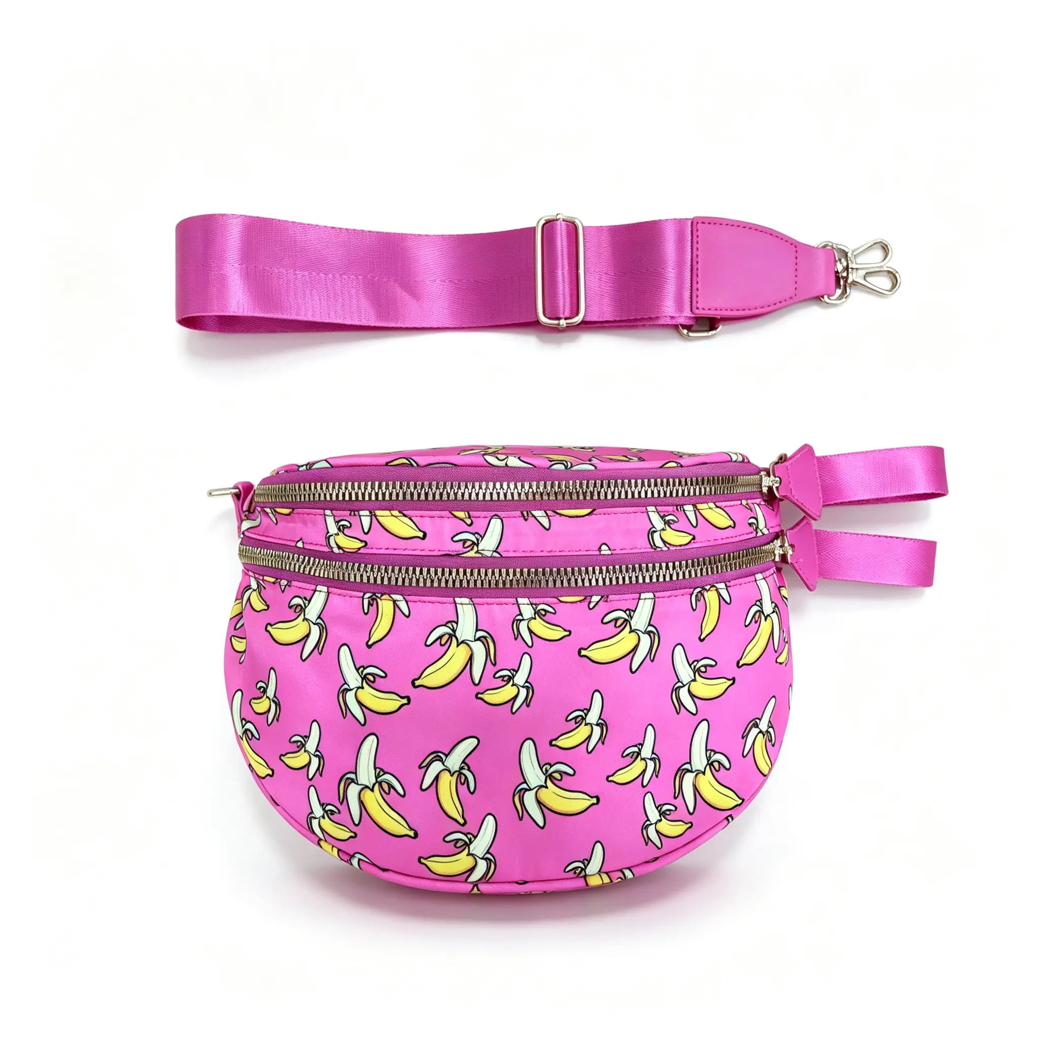 [CC SHOP]Pink Banana Print Fanny Pack for Women, Waterproof Nylon Crossbody Belt Bag with Detachable Wide Adjustable Strap, Cute Fruit Pattern Sling Waist Purse for Travel Shopping Daily Outdoor