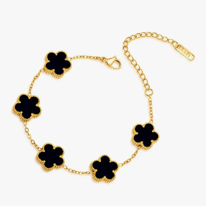 Cute Classy Charm Bracelet with Black Flower Charms and Gold Chain Link Design for Women