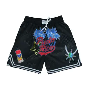 Puerto Rican Culture Shorts Black Unisex Sports Double-Layered Inner Shorts Full Print Drawstring Design Men Women Mesh Basketball Shorts 4 Pockets 5.5 Inseam