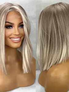 12 Inch Human Hair Colored Wig, Soft Gradient Highlights Blonde 613 Straight, Lace Front Pre-Bleached Baby Hair, Daily Wear for Women