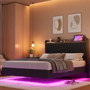 Full Floating Bed Frame with LED Lights & Charging Station,Black Upholstered Platform Bed with Storage Headboard, Wood Slats Support, No Box Spring Needed, Easy to Assemble