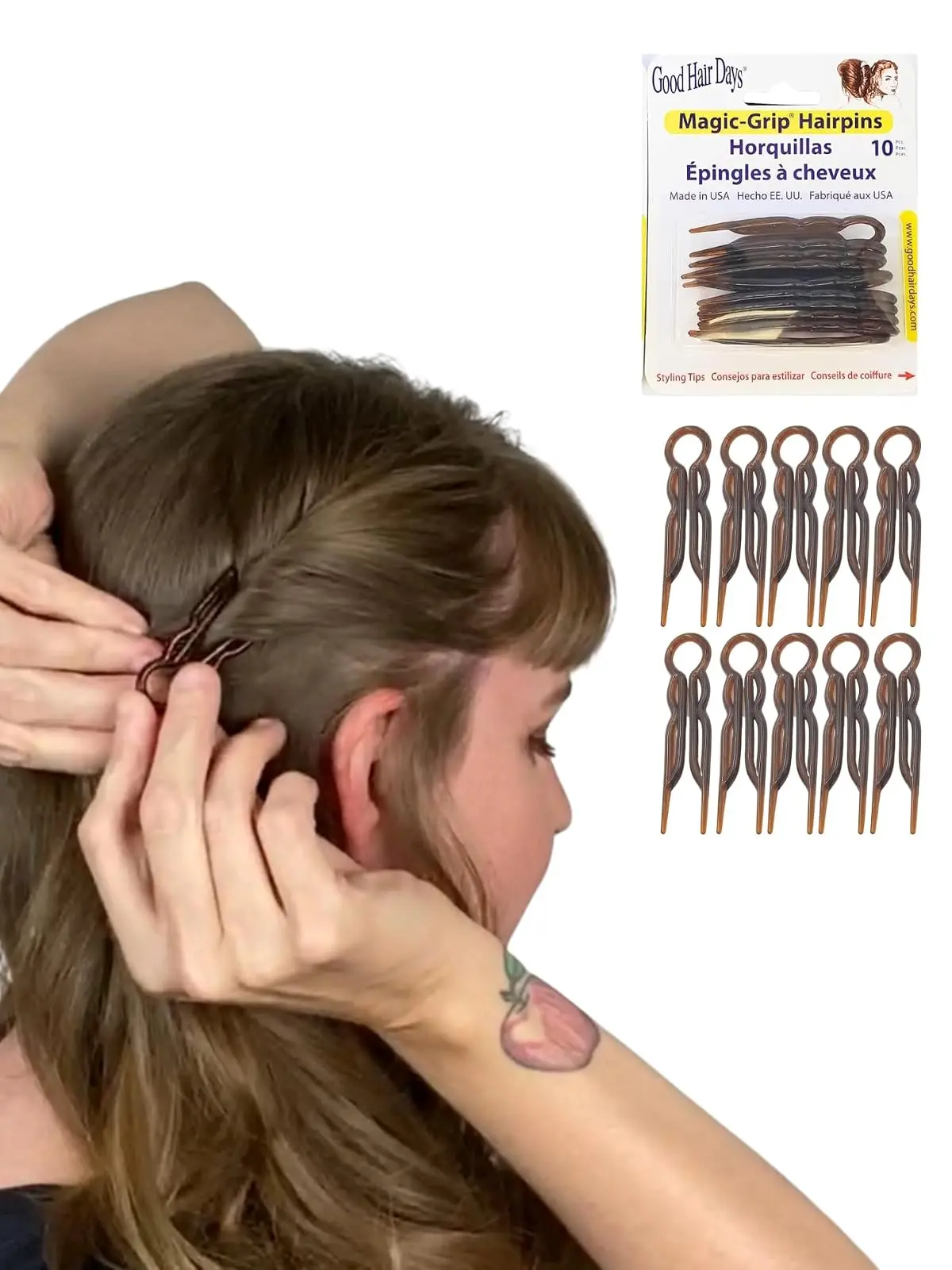 Good Hair Days Magic-Grip Hairpins, 10 Styling Updo U-Pins for Strong Hold | Curved 2.5" Hair Pins for Fine, Thick, Curly & Long Hair. All Day Discreet Hold for Buns, Half Updos, French Twists. USA-Made