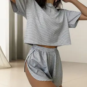 Women's Striped Print Drop Shoulder Tee & Wrap Split Shorts Pyjama Set, Casual Comfy Round Neck Short Sleeve T-shirt & Elastic Waist Shorts Pj Set, Summer Outfits