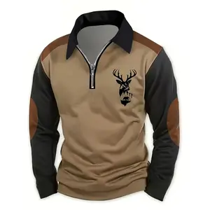 Men's casual deer head print double contrasting color long sleeved zipper polo shirt with half zipper collar outdoor shirt, machine washable dual color polyester fiber, very suitable for leisure activities in spring, autumn and winter festivals, gifts for