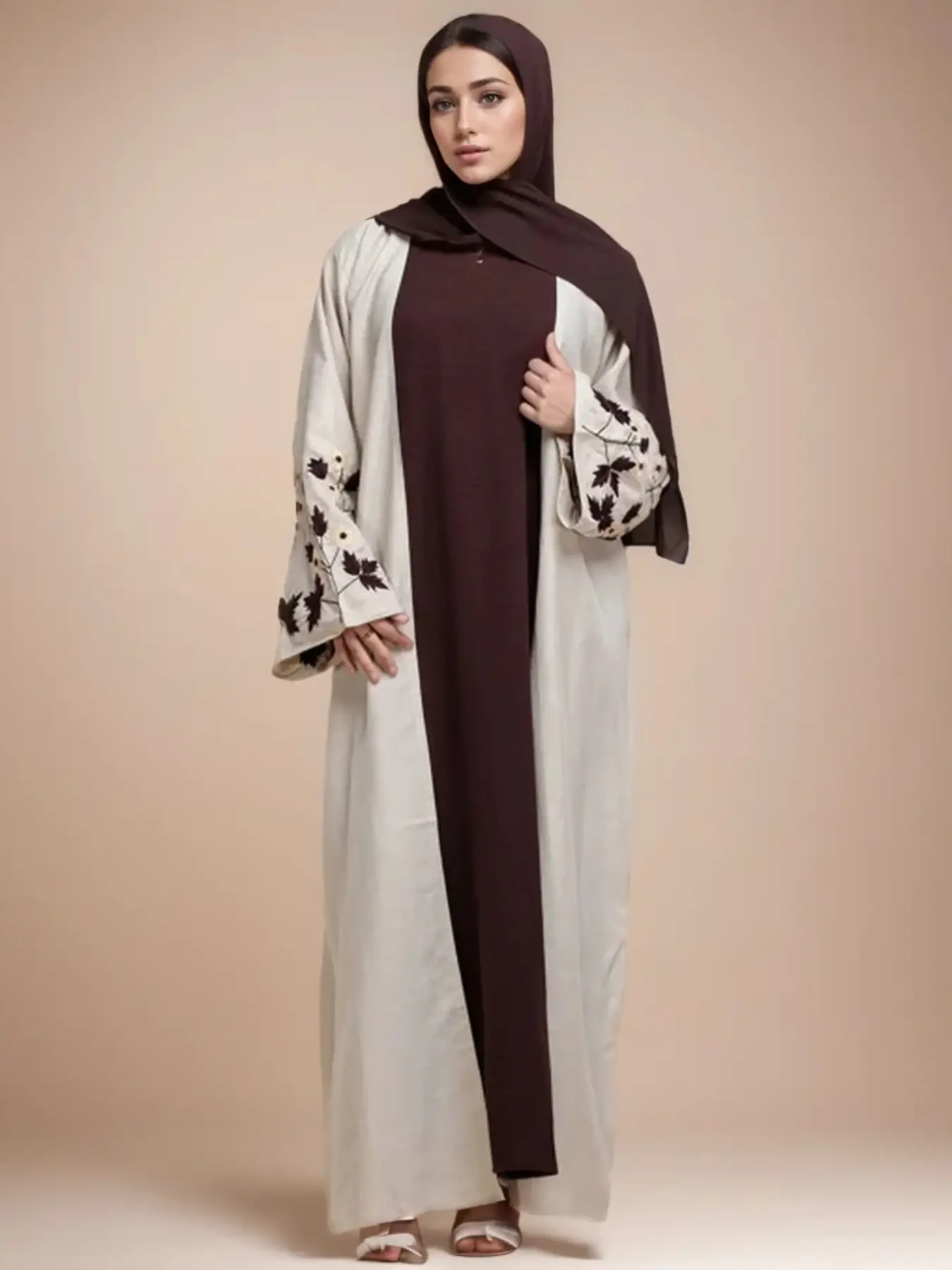 Muslim Women Long Sleeve Embroidered Cardigan, Plain Color, Elegant Design, Perfect for Casual Wear, Comfortable Fit, Stylish Outerwear