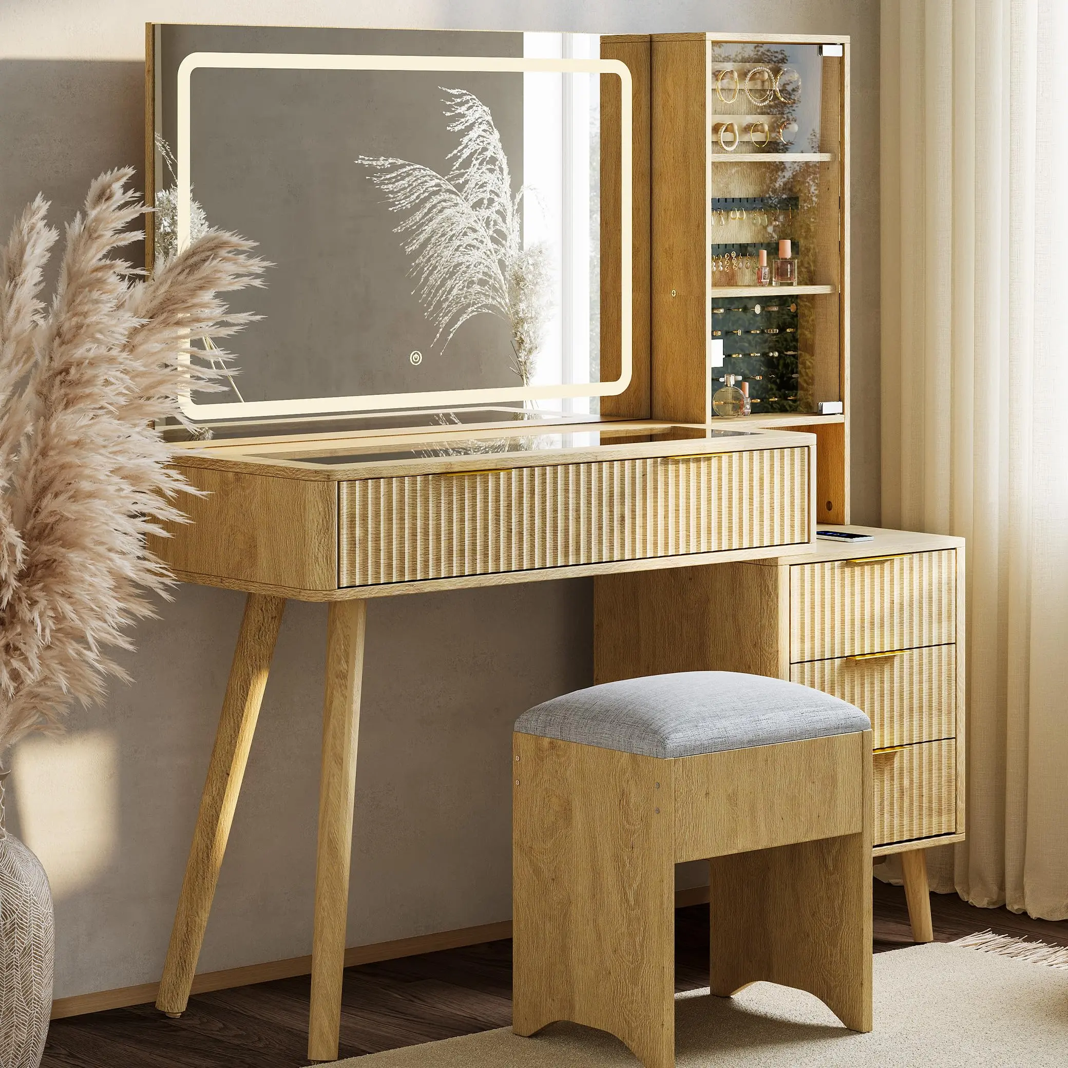 Garvee LED Vanity Desk - Adjustable Dimming Built-in LED Light Bar Mirror Makeup Vanity, 2 USB Ports, 3 AC Outlets Charging Station, Cushioned Storage Stool, Drawer Storage Dual Functional Natural Wood Finish Bedroom Beauty Organizer, Adjustable Dimming M