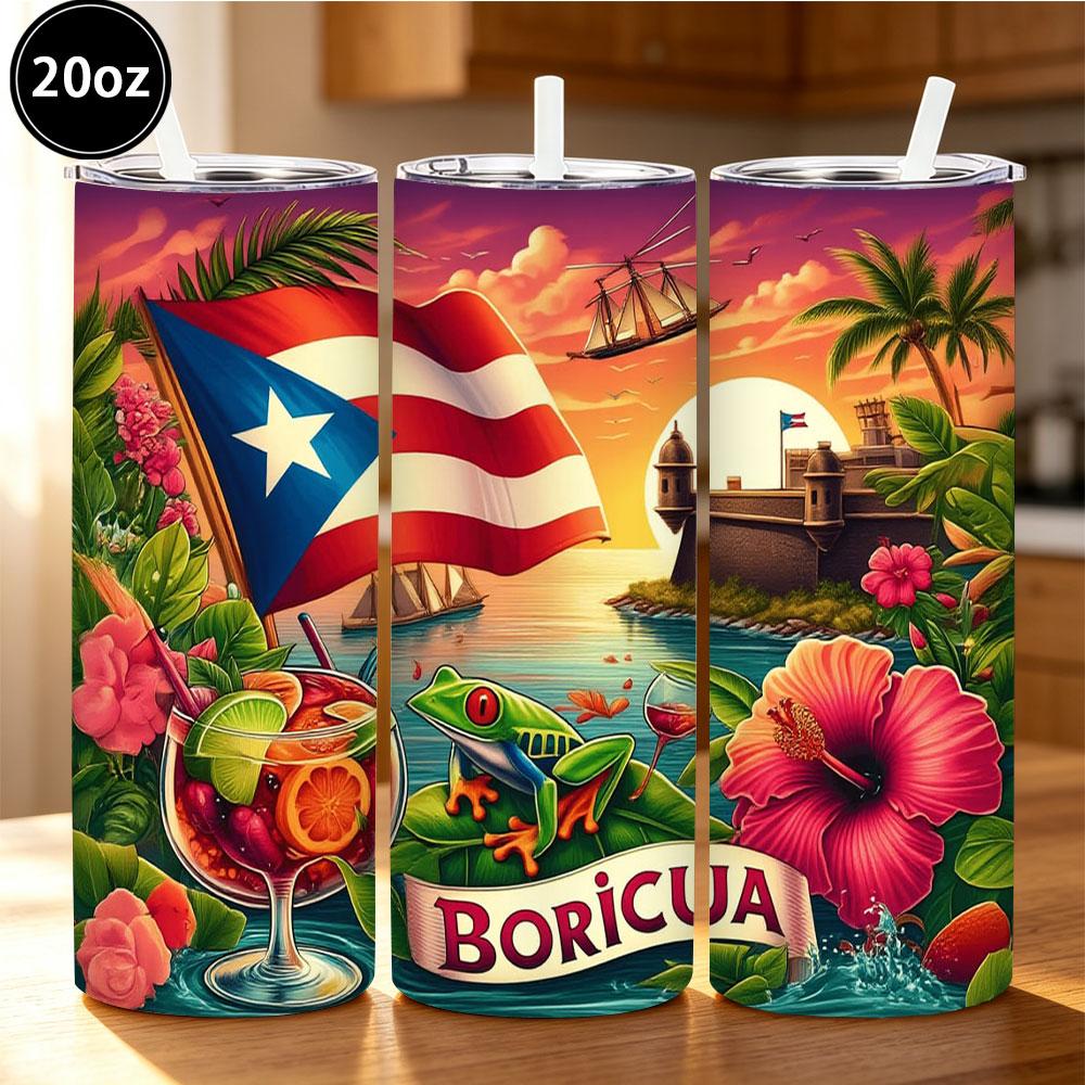 Puerto Rico Boricua Tumbler, Tropical Paradise with Flag, Coqui Frog, Rum Punch, El Morro, Hibiscus, 12/18/20oz Stainless Steel Insulated Cup, Keeps Cold/Hot for Hours, Ideal Gift for Puerto Rican Lovers