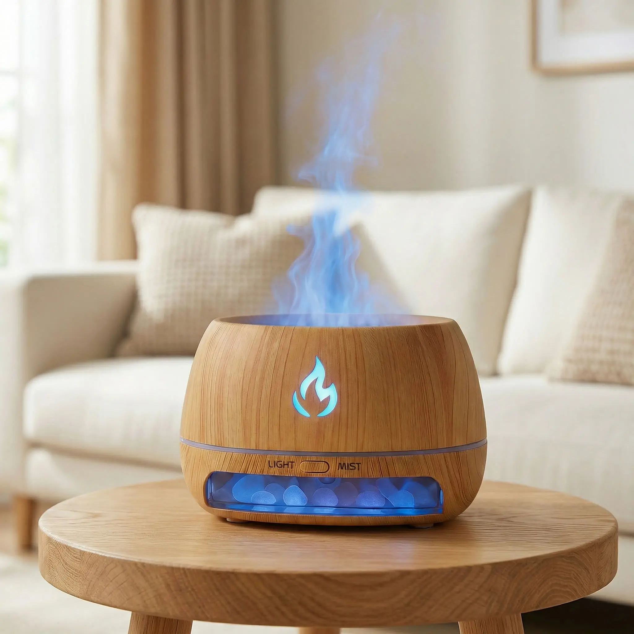 Himalayan Wood Salt Lamp Flame Humidifying Essential Oil Diffuser – 200ml, Wood Base, Salt Crystal