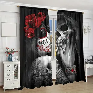 2 Pcs Halloween Skeleton Kiss Curtains Red Rose Skull Design Black with White Roses Jewel Print Polyester Rod Pocket Fade Resistant for Living Room Bedroom Office Cafe Bathroom Home Decor