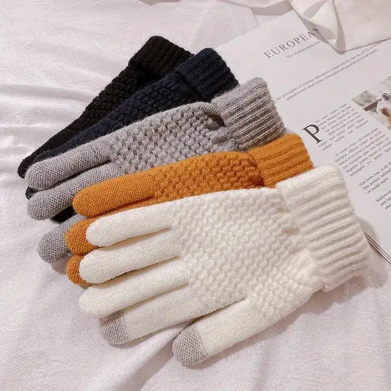 Knitted Thermal Winter Woolen Gloves, Solid Color Touch Screen Thickened Sports Gloves for Cycling Hiking, Sports & Outdoor Accessories