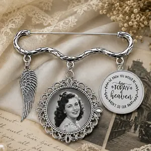 Personalized Wedding Memorial Photo Charm Pin, Silver Angel Wing Bouquet Brooch, Vintage Bridal Memory Pin for Bride Groom, In Loving Memory Charm