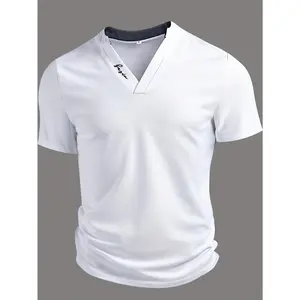 MEN'S casual V-neck Henley shirt-summer knit polyester top with alphabet pattern, short sleeve, slight stretch, color block design, regular fit