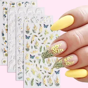 Flower Pattern Nail Art Sticker, Flower Nails, Nail Art Design, 4 Counts/set 5D Embossed Self Adhesive Nail Decal, DIY Nail Art Decoration for Women & Girls