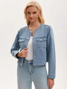 INSPIRE CHIC Women's Cropped Jean Jacket Collarless Western Long Sleeve Denim Jackets