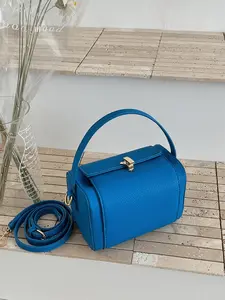 1pc Vibrant Blue Pebbled Leather Top Handle Handbag for Women, Mini Structured Crossbody Bag with Turn Lock, Elegant Shoulder Bag for Daily Commute