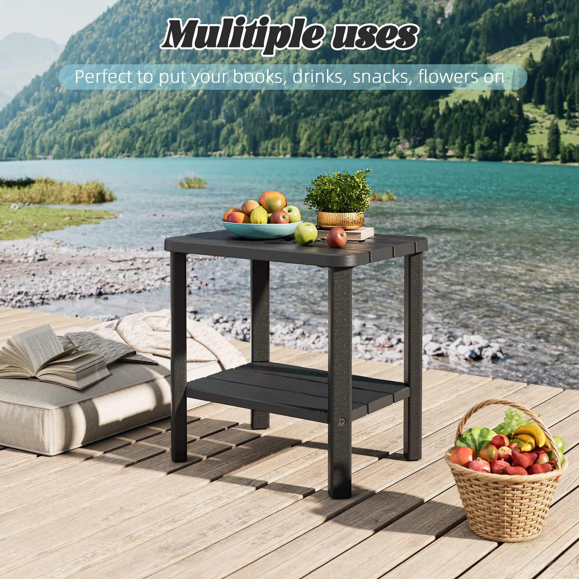 RIWENGO Outdoor Side Table, 2-Tier Patio Side Table for Outside, Weather Resistant End Table for Pool, Porch, Deck, Garden & Backyard, Easy Maintenance - Black