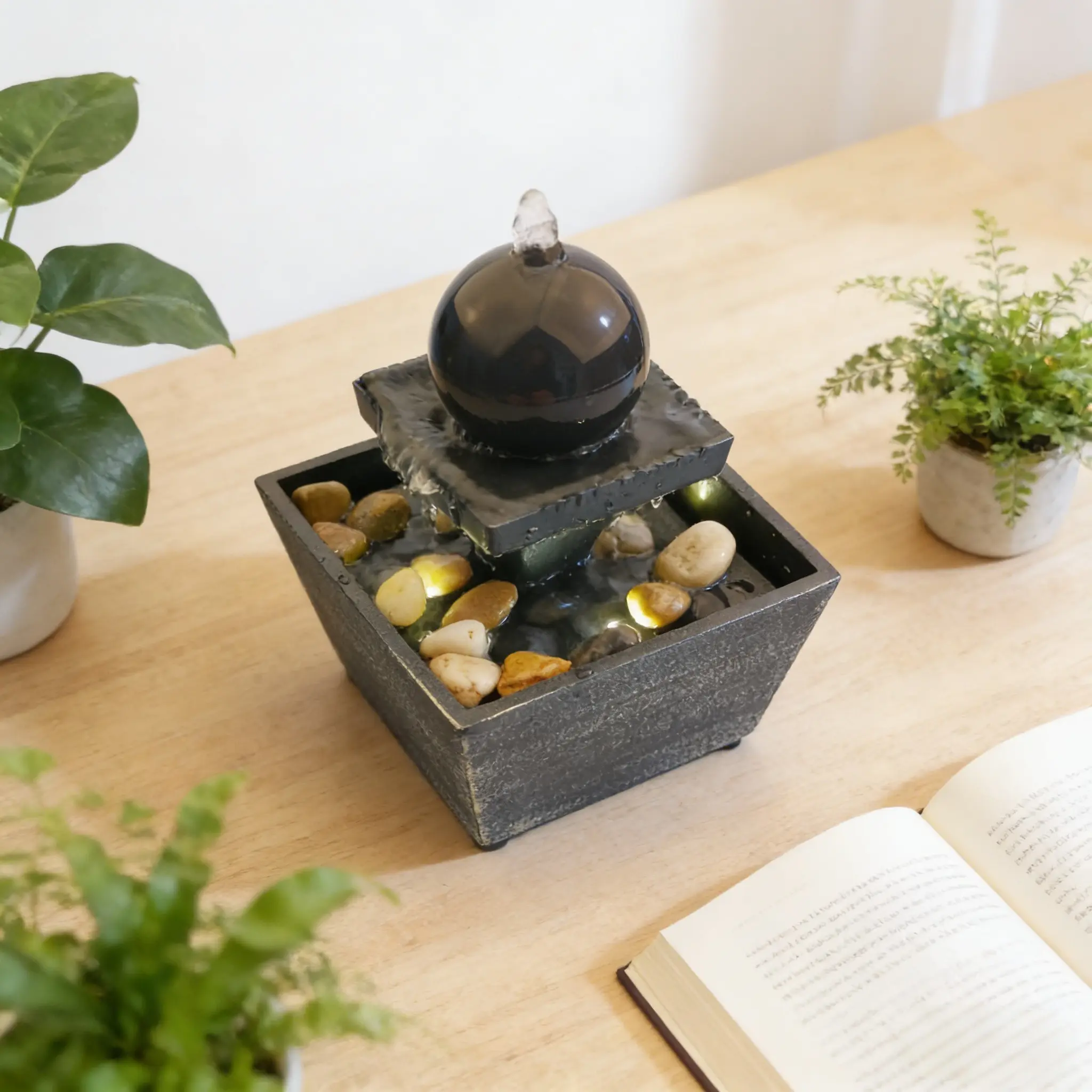 Zen Water Ball Ornament with LED Atmosphere Light, Desktop Feng Shui Fountain, Home Office Stress Relief Decor, Relaxing Desk Accessory, Home Decor Ornaments, Desktop Decoration Ornament, Decorative Ornaments