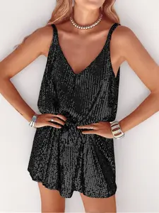Women Sequin Sexy V Neck Shift Dress Sparkly Sleeveless Short Flowy Loose Party Night Out Club Dress