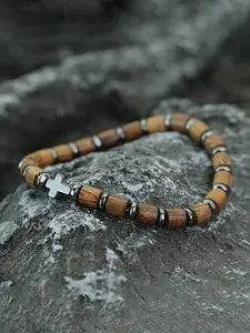 Bohemian Style Natural Wood Bead High Quality Bracelet for Men, Agate Cross Pendant, Handmade Elastic Jewelry, Unique Gift Idea, Original Bracelets