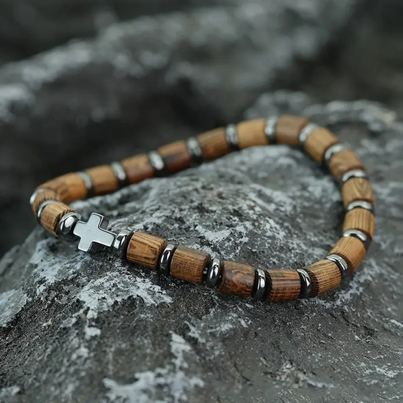 Bohemian Style Natural Wood Bead High Quality Bracelet for Men, Agate Cross Pendant, Handmade Elastic Jewelry, Unique Gift Idea, Original Bracelets