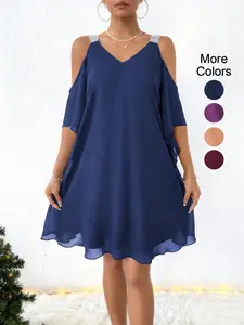 Women's Spring Summer V Neck Puff Sleeve Sequin Chiffon Lightweight Dress, Chic Fashion Party Gown, Casual Daily Wear, All Seasons
