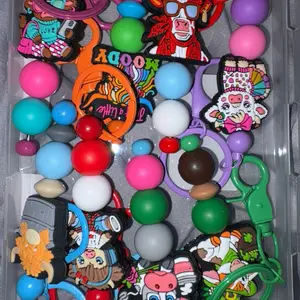 Silicone Beaded Metal Keychains - Assorted Shapes with Colorful Beads, Includes Keyring Attachment