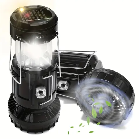 XTAUTO 2-in-1 Rechargeable Solar LED Fan & Lantern - 1500mAh, 3 Charging Modes, Compact Fold Design, Hanging Mount, Telescopic Lamp, IP44 Waterproof, Emergency Use, Great for Campsite, Hiking, Home