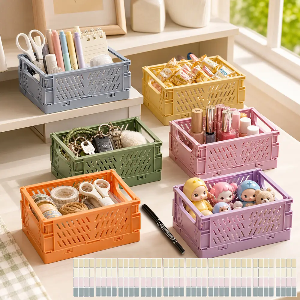 6-Pack Durable Hollow Decorate Pastel Plastic Folding Crates - Waterproof Small Storage Containers, Kitchen Utensil Organizer for Home Desktop, Bathroom Use (5.98x3.94x2.4 inch)