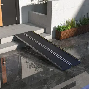 Eight feet foldable aluminum wheelchair ramp rugged anti slip surface baffle reflective mark transition plate water resistant design for home doorway step van entrance indoor outdoor barrier free travel
