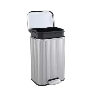 Soft-Close Step Trash Can – Stainless Steel Indoor Recycling Bin – Fluted Rectangular Design, Removable Inner Bucket, Anti-Slip Base – Home, Office, Kitchen Use