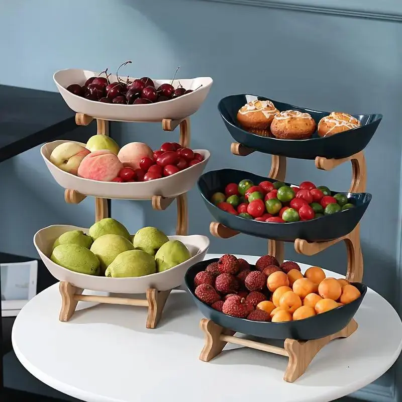 3 Tier Fruit Bowl, 1 Count Large Capacity Tiered Fruit Basket with Bamboo Stand, Kitchen Counter Tray for Fruit Snack Nuts Bread Candy, Drawer Style Options