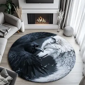 Round Rug Carpet with Crow & Wolf Print Pattern, Flannel Meditation Cushion Yoga Mat, Indoor Room Entrance Living Room Decor, Animal Print Rug