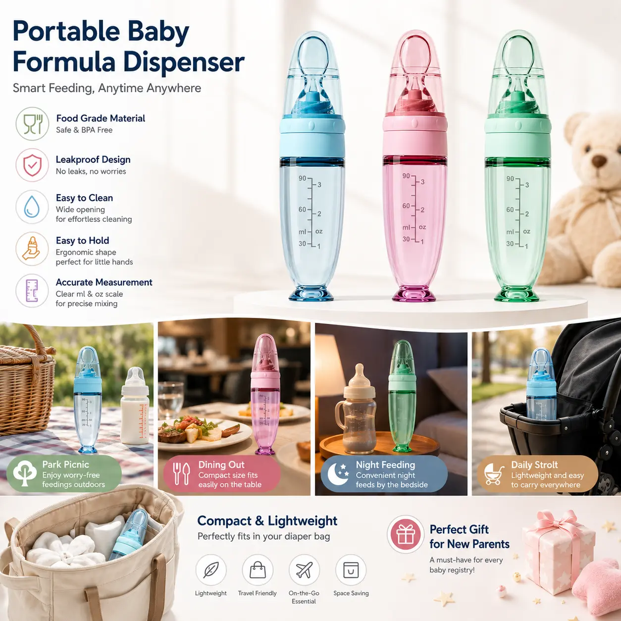 HOTMIR Food Grade Silicone Baby Spoon Feeder 90ml 3OZ, Multicolor Portable Squeeze Type Baby Milk Puree Feeding Bottle, Anti Slip Bottom Suction Cup Leak Proof Dust Protection Cap Easy Clean Baby Daily Feeding Essentials