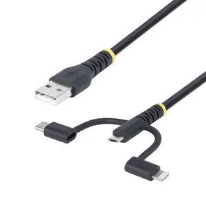 Startech RLTCUB1MBK 3.3 ft Portable USB Charging Cord - 3-in-1 Mini, Flexible Multi-Port, Lightning Compatible, Multi-Device Adapter, Compact Travel Cables for Smartphones, Electronic Devices, 3-In-1 Mini Cables